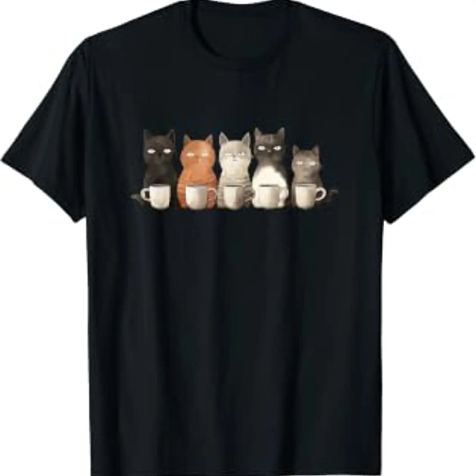 Coffee Or Tea Please - コーヒーを片手に並ぶ面白い猫たちのプリントTシャツ、ヴィンテージウォッシュ加工、スタイリッシュで快適なカジュアルデザイナーウェア、ストリートウェア