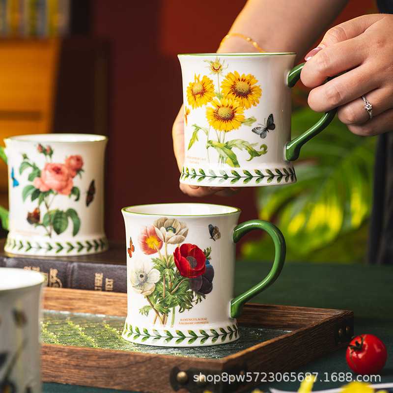 Coffee Tea English - 創造的な牧歌風セラミックコーヒーカップ、家庭用高温耐性朝食ミルクマグカップ、英国アフタヌーンティーカップ