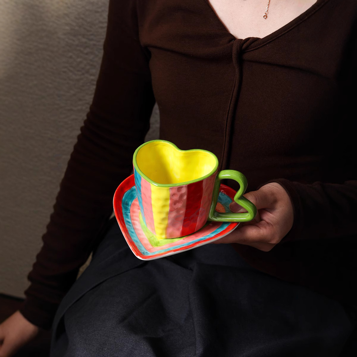 Coffee Tea Festival - レインボーラブカッププレートホームクリエイティブカップルセラミックラブコーヒーカップラテカプチーノアフタヌーンパーティーティーカッププレートフェスティバルギフト
