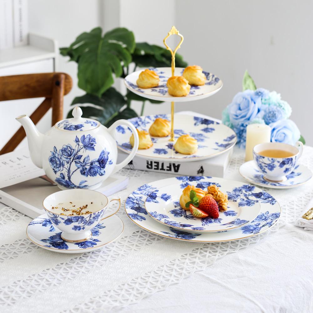 Coffee Tea English - ボーンチャイナコーヒーカップセット、イングリッシュアフタヌーンティーカップ、ティーポット、二層フルーツプレート、洋食ステーキプレート、セラミックギフト