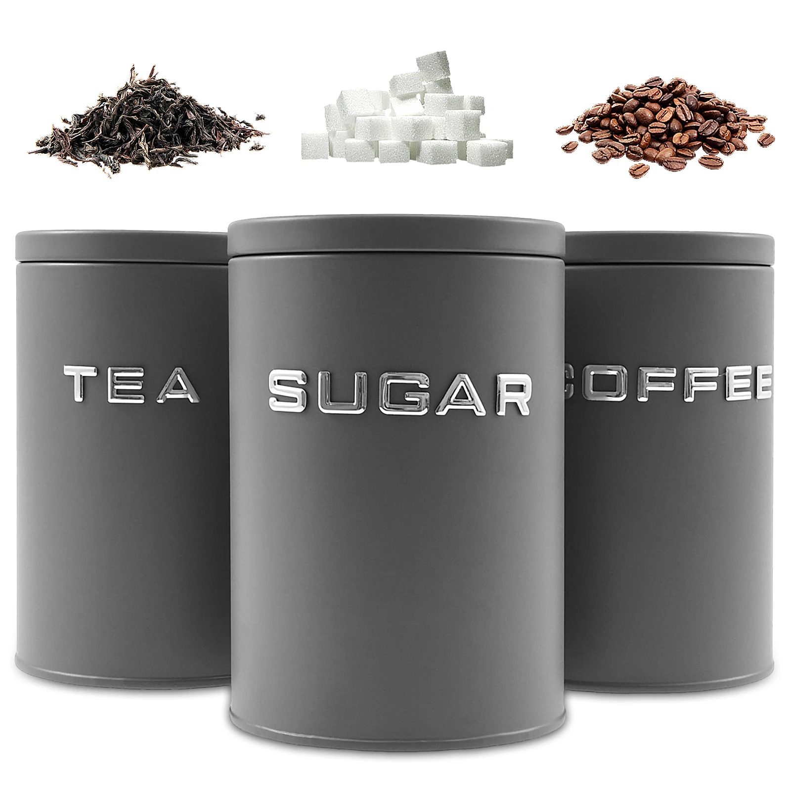 Coffee Tea Sugar - 3個セット 茶葉・コーヒー・砂糖用キャニスター 金属製丸型キッチン容器 密閉蓋付き 防湿 コーヒー豆保存容器