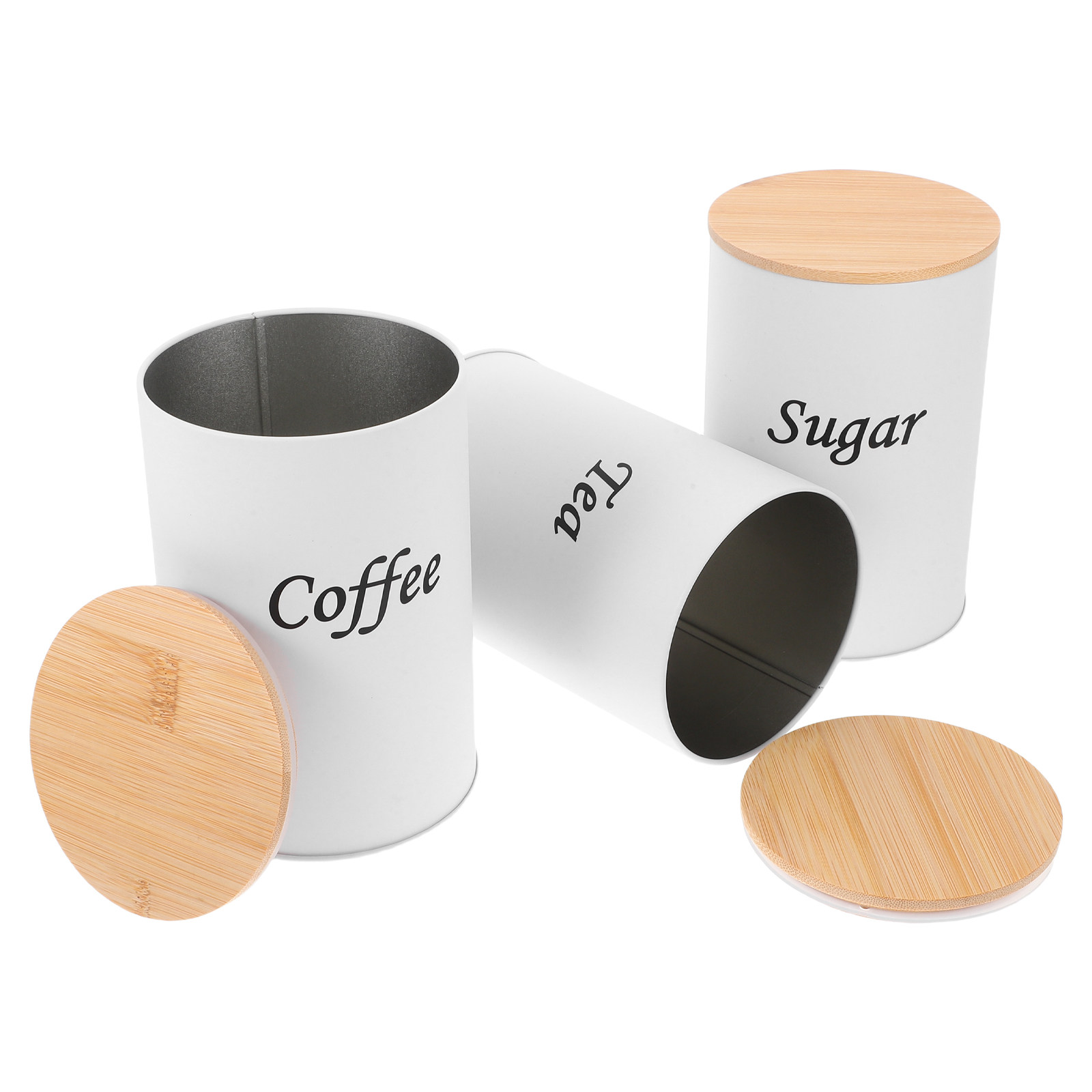 3個セット 密閉丸型キャニスター 亜鉛メッキ鉄製 竹製蓋付き - Coffee Tea Sugar のレビューと価格