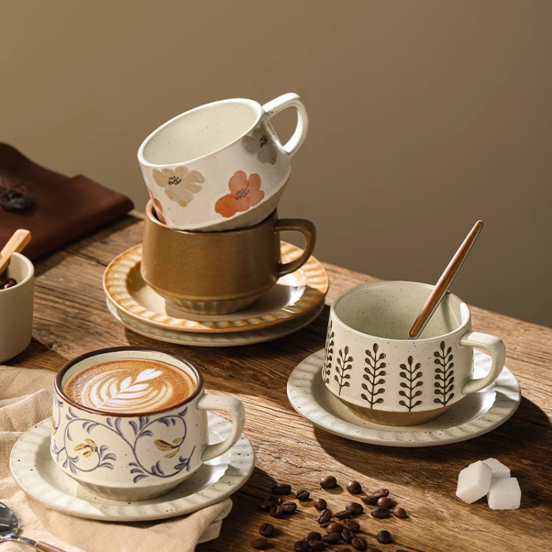 レトロセラミックカップ粗い陶器小容量コーヒーカップとソーサー - Coffee Tea For Me のレビューと価格