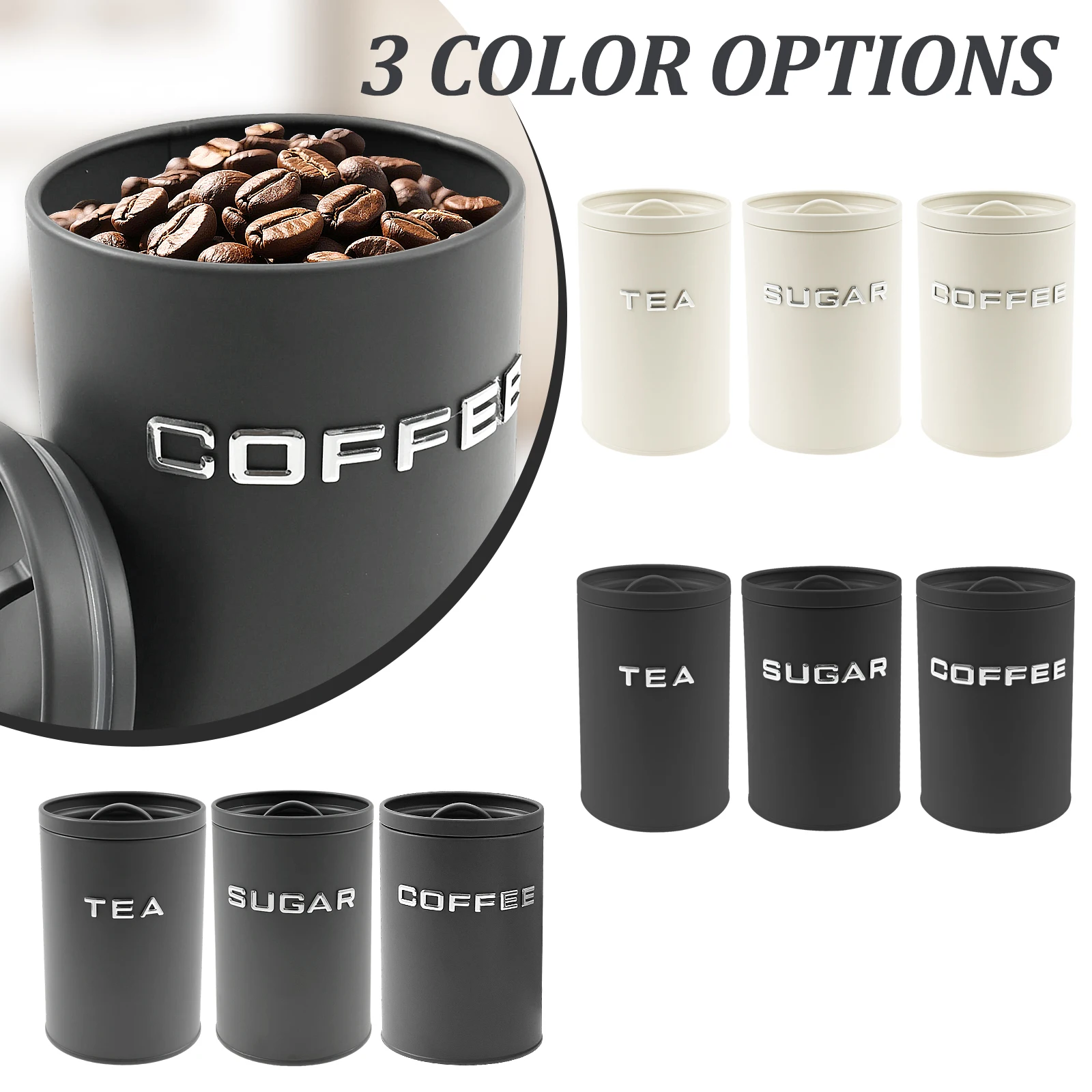 3個セット 茶葉・コーヒー・砂糖用キャニスター 金属製丸型キ - Coffee Tea Sugar のレビューと価格